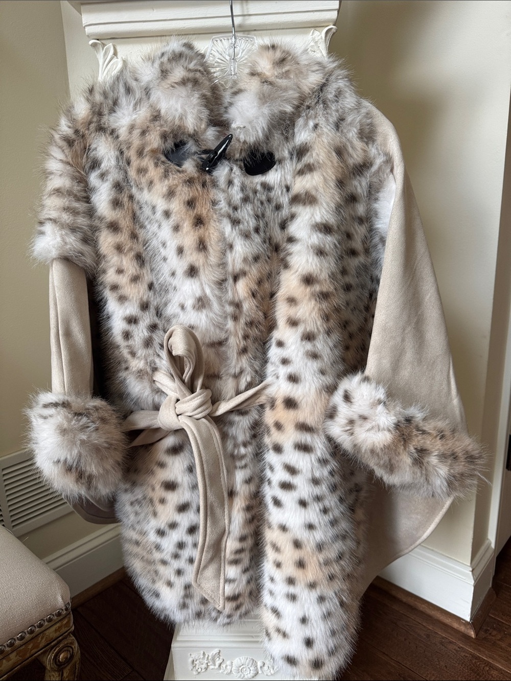 Beige Faux-Suede Cape with Spotted Faux-Fur Trim